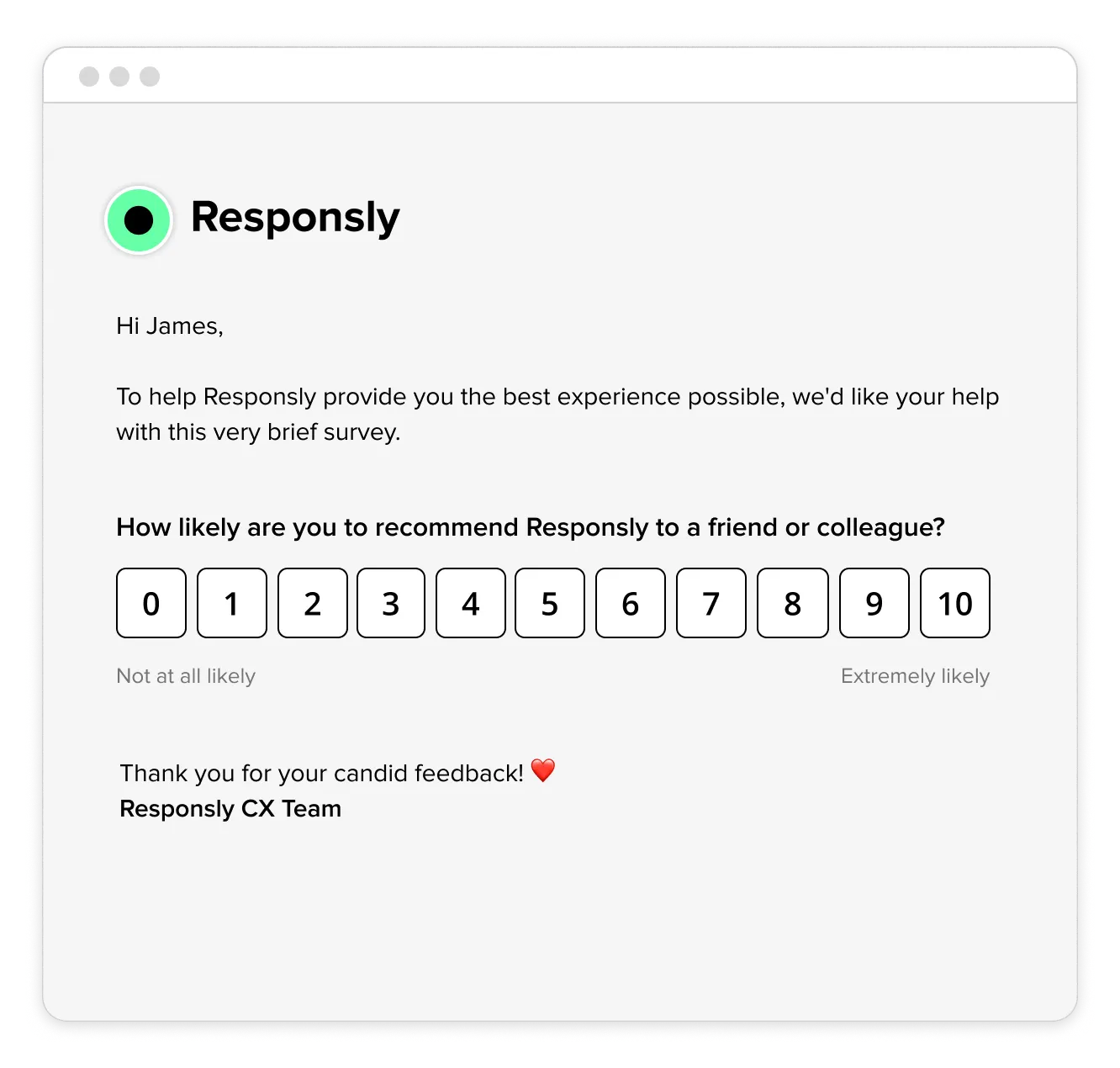 Email survey with an NPS 0 to 10 scale embedded in the message