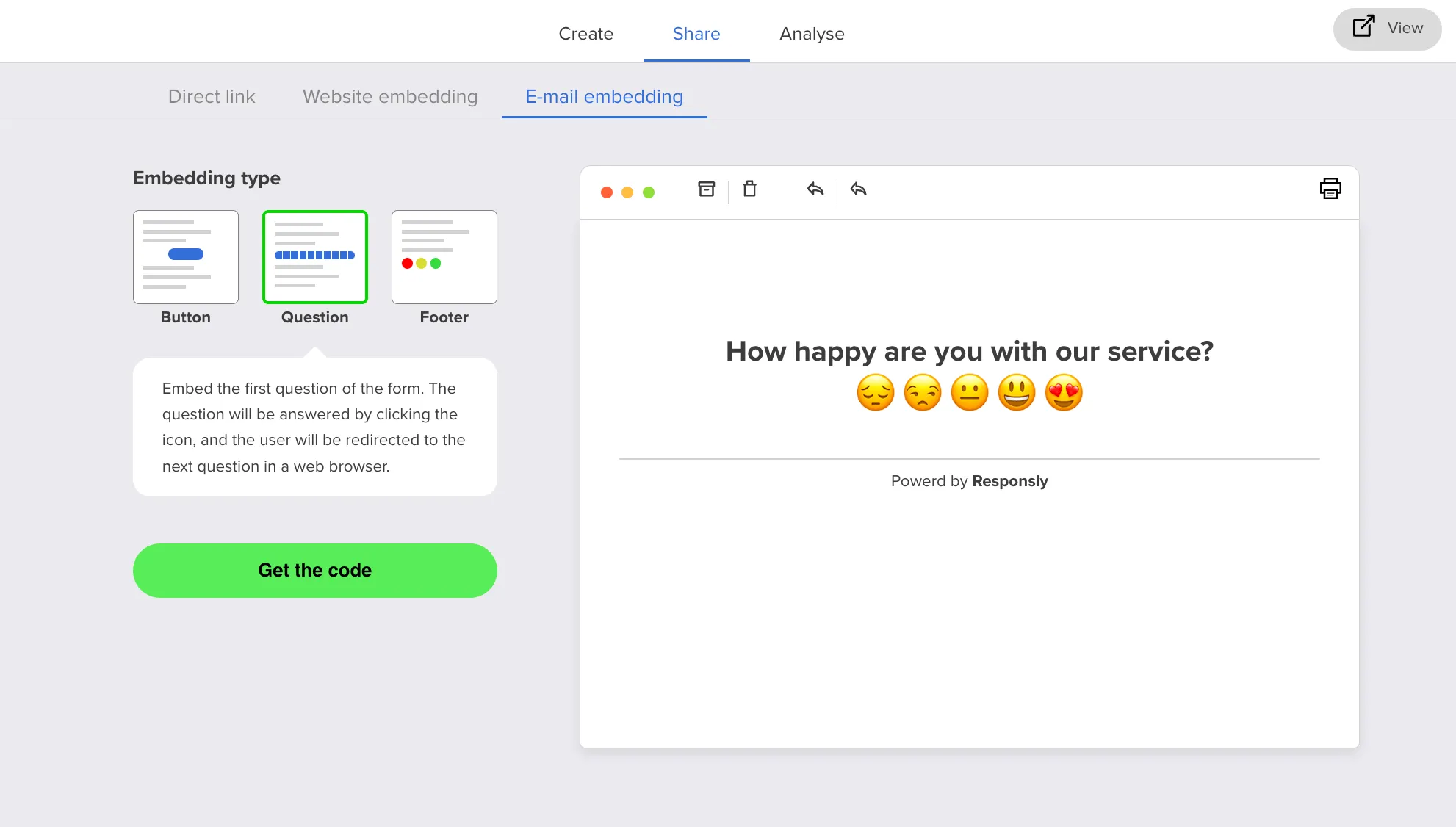 E‑mail embed configuration screen