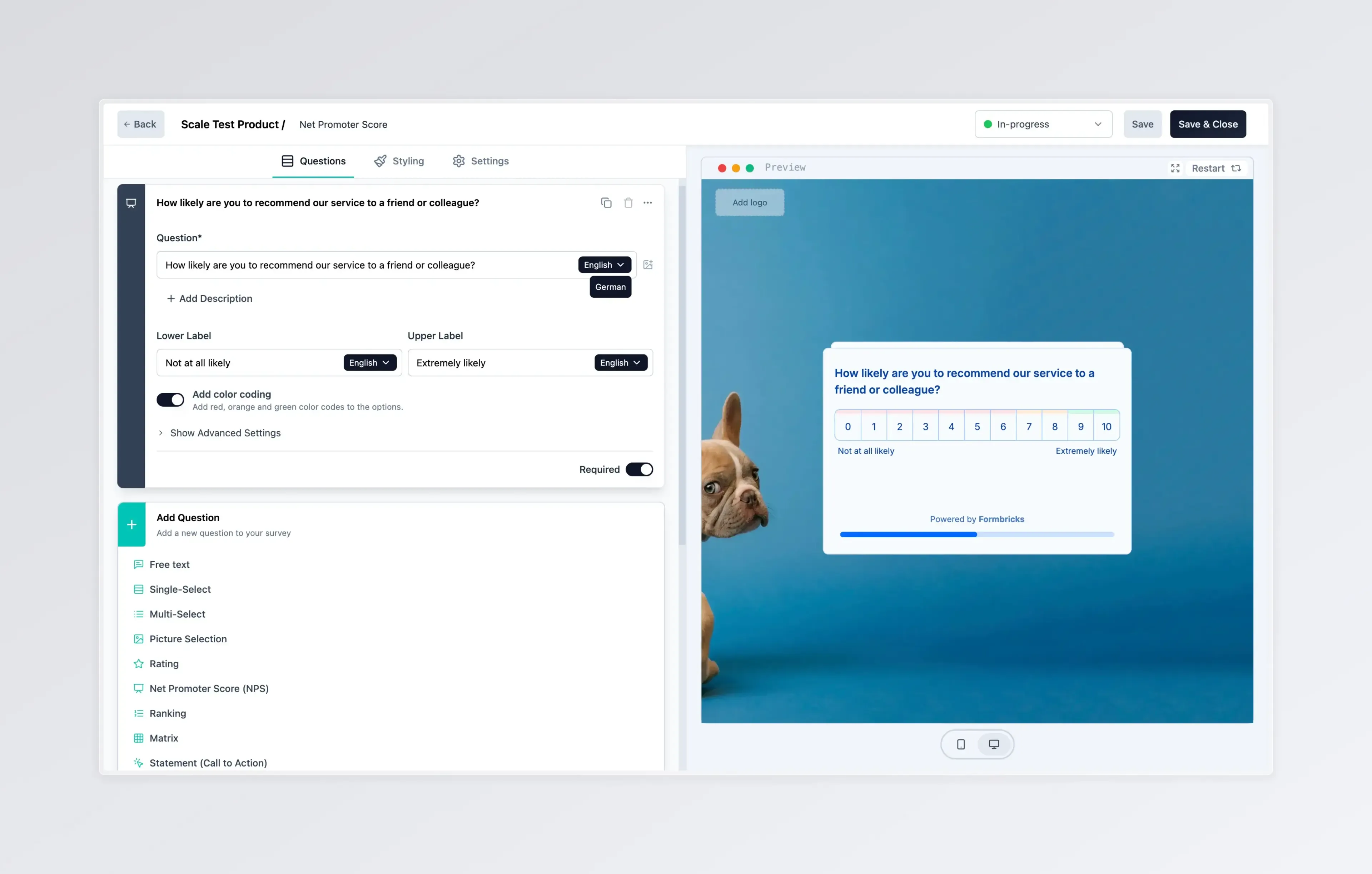 Formbricks survey builder interface